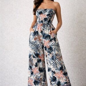 Sandra Strapless Floral Jumpsuit - Navy and Peach